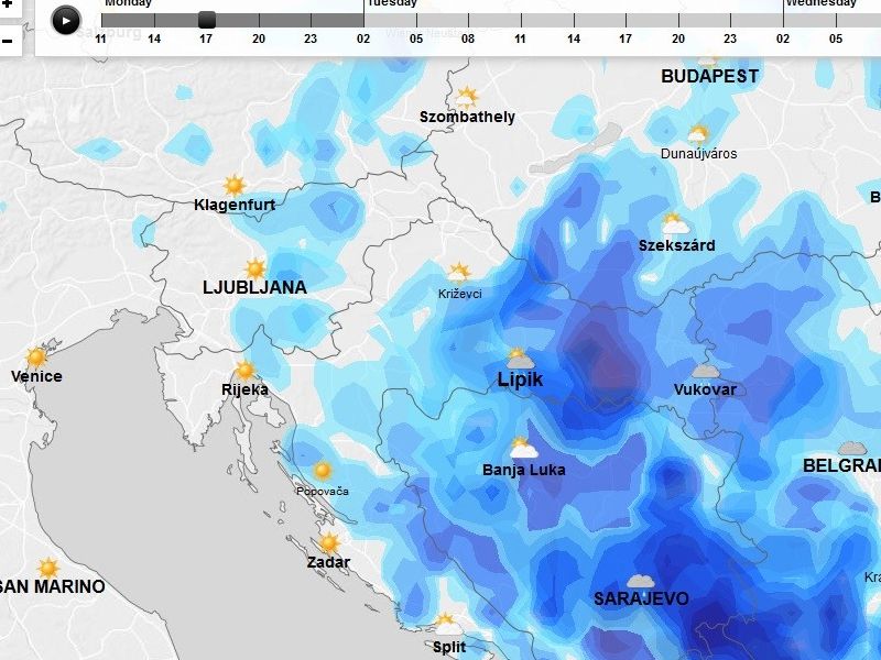 karta razvoja kišnih oblaka za ponedjeljak (screenshot: yr.no)