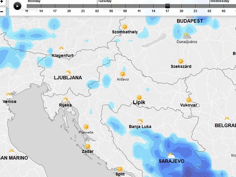 karta razvoja kišnih oblaka za utorak (screenshot: yr.no)