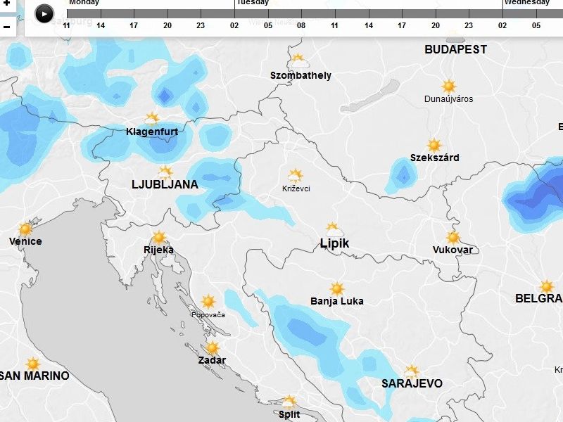 karta razvoja kišnih oblaka za srijedu (screenshot: yr.no)