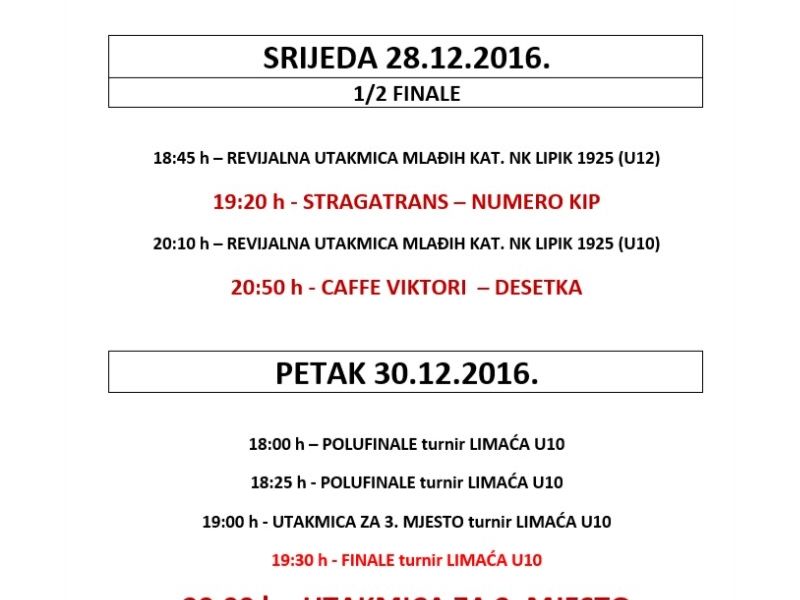 raspored finalne veceri, 30. prosinca