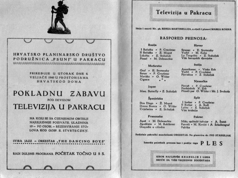Preslika pozivnice za Pokladnu zabavu pod devizom Televizija u Pakracu na dan 6. veljače 1940. godine.