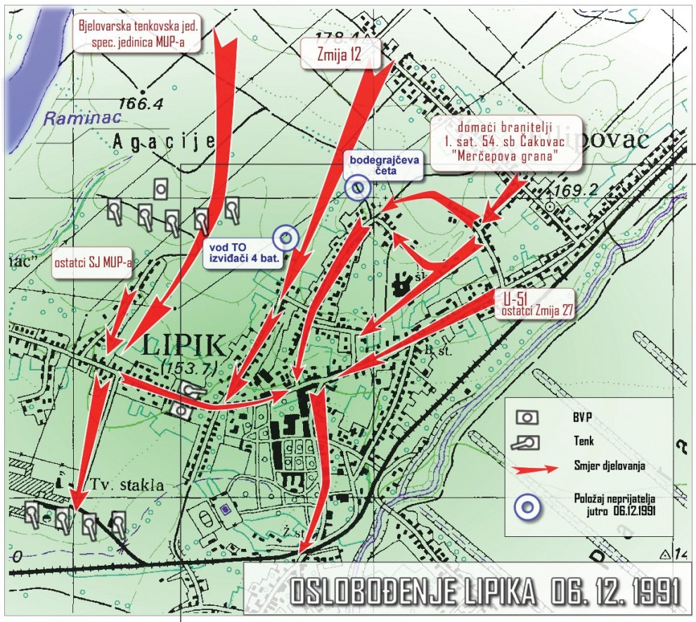 Karta oslobođenje Lipika, iz knjige Kako se branio Lipik, izradio Zdenko Vukoja